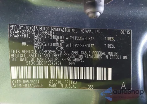 2015 Toyota Sienna Le 7 Passenger/Le 8 Passenger z USA, uszkodzony, nr VIN 5TDKK3DC1FS649434